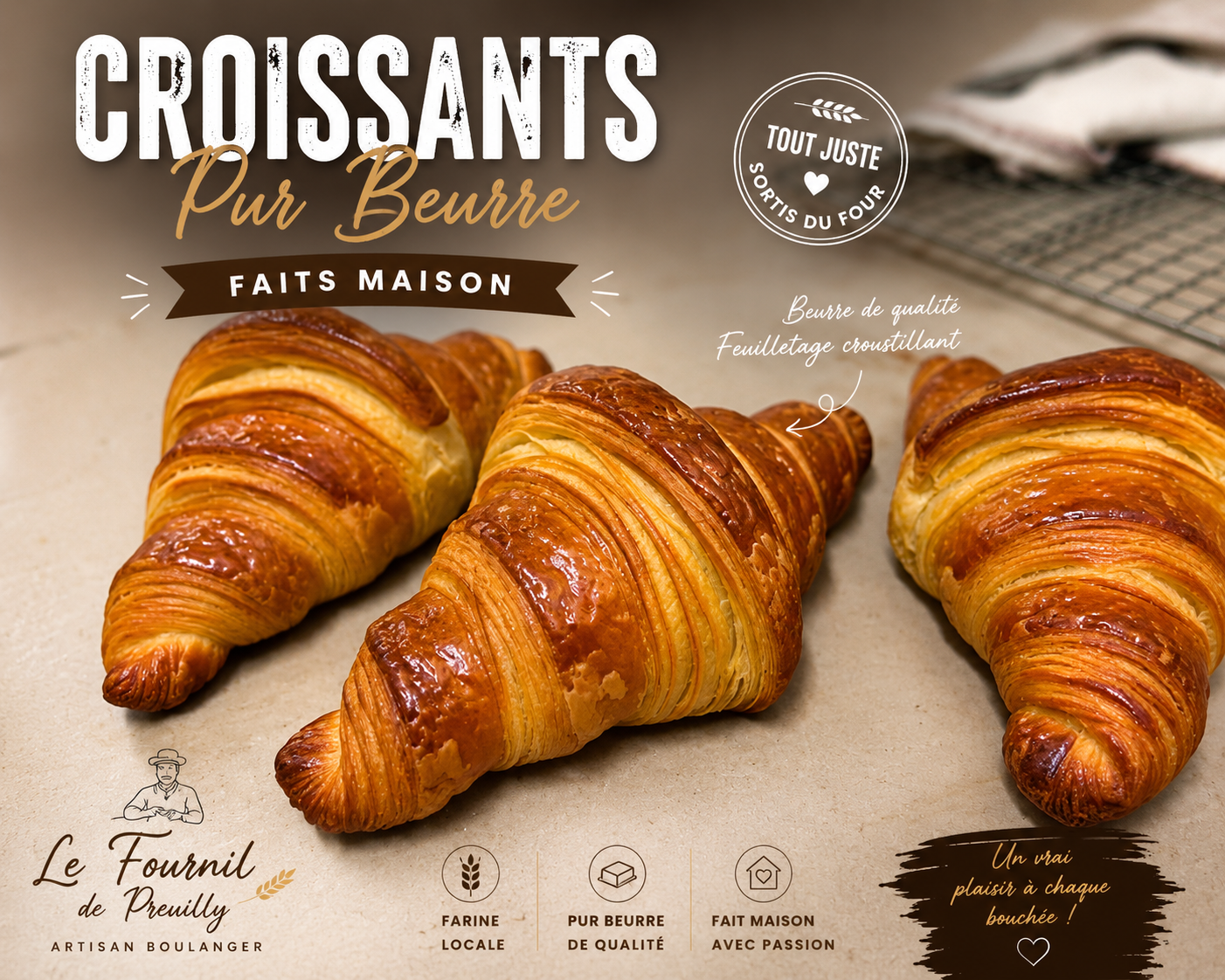 Croissants pur beurre faits maison, farine locale, Le Fournil de Preuilly