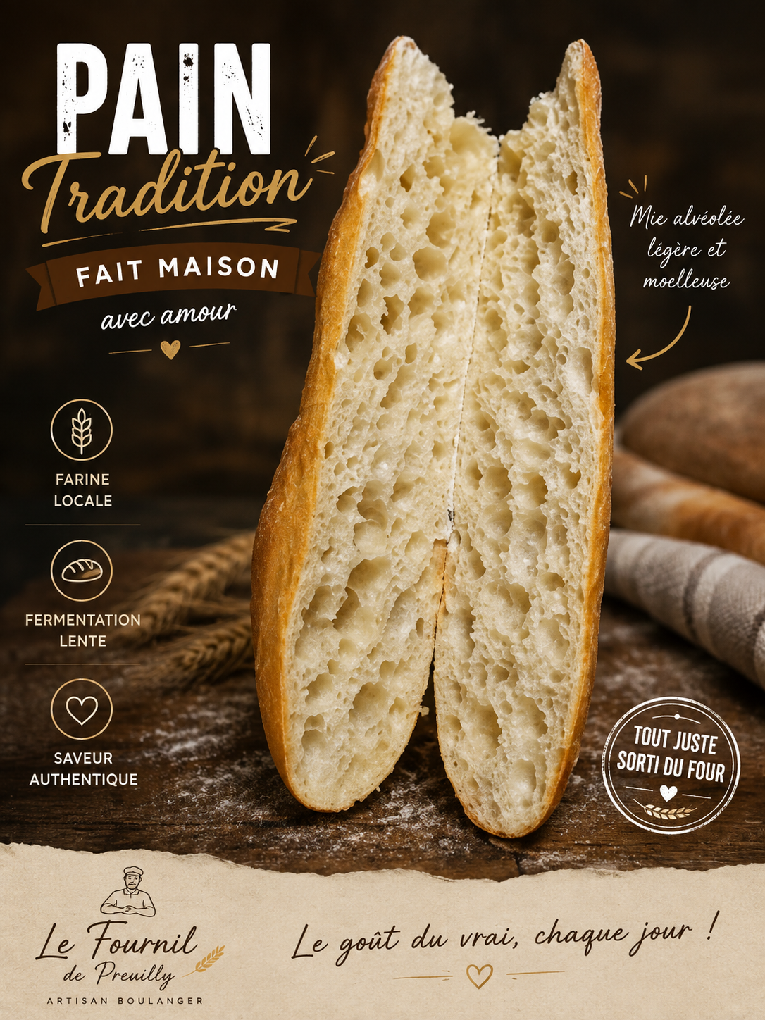 Pain tradition fait maison, fermentation lente, Le Fournil de Preuilly